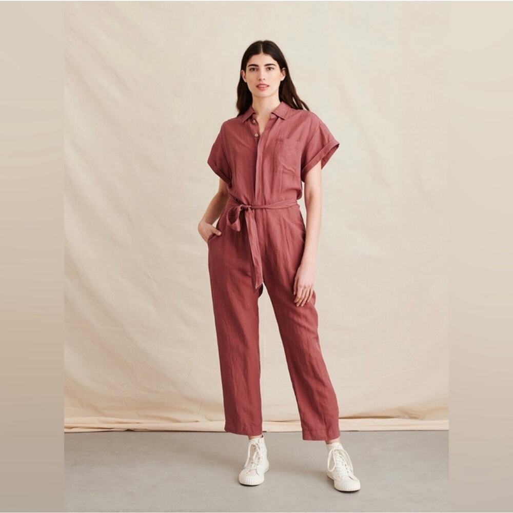 Alex Mill Standard Short Sleeve Linen Jumpsuit in Dark Rose Size XS